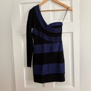 Forever 21 | NEW YEARS Black and Blue Striped One-Shoulder Dress Bandage Medium